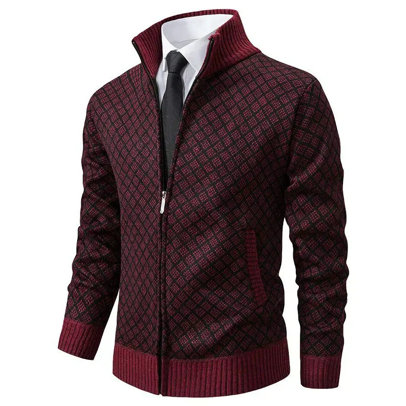 Classic Zip Cardigan Homme | Motif Géométrique Élégant et Confort Hivernal