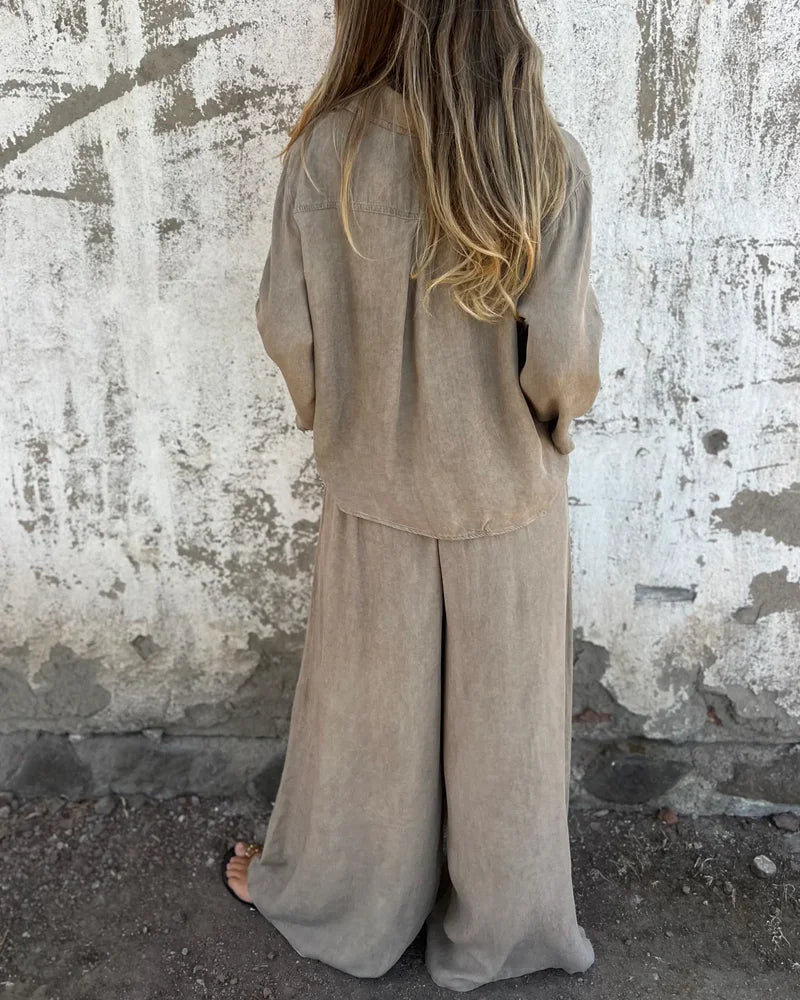 Auroreline | Ensemble Deux-Pièces Décontracté Femme avec Blouse Boutonnée et Pantalon Large