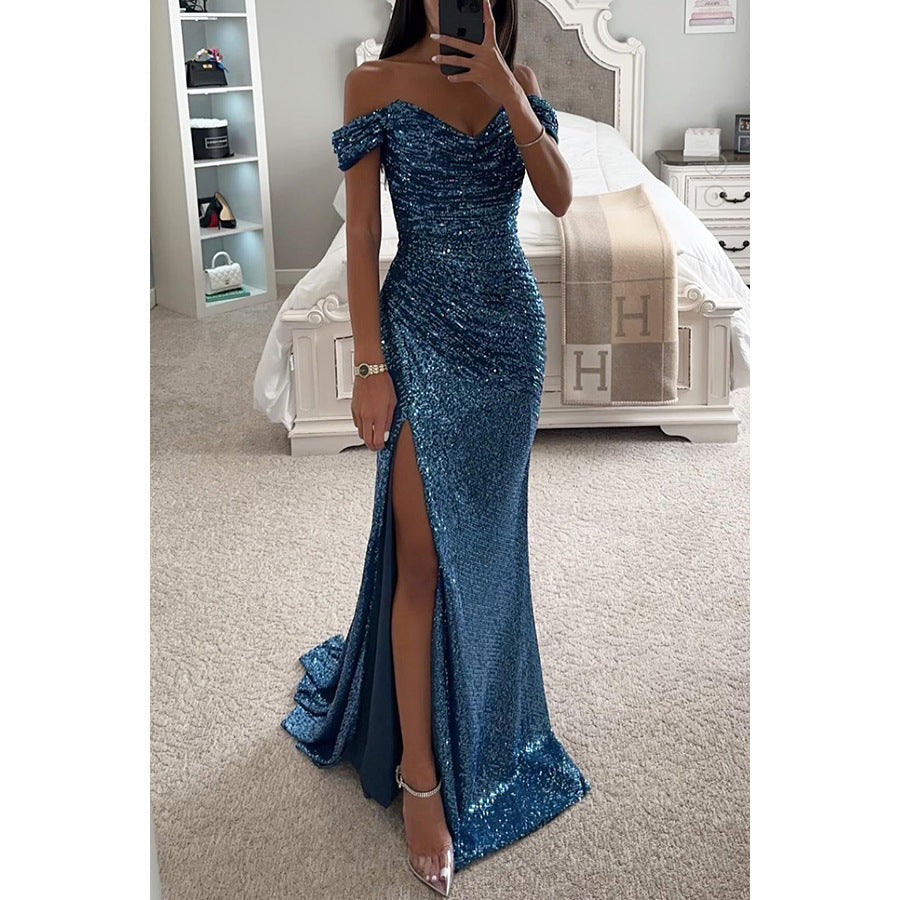 Alixane | Robe Longue Femme Fendue Épaules Dénudées Brillante Élégante Soirée