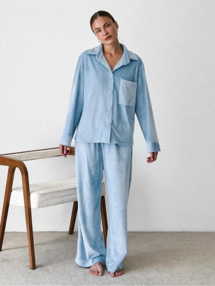 Marion | Pyjama Femme 2 Pièces Bleu avec Chemise Boutonnée et Pantalon Élégant