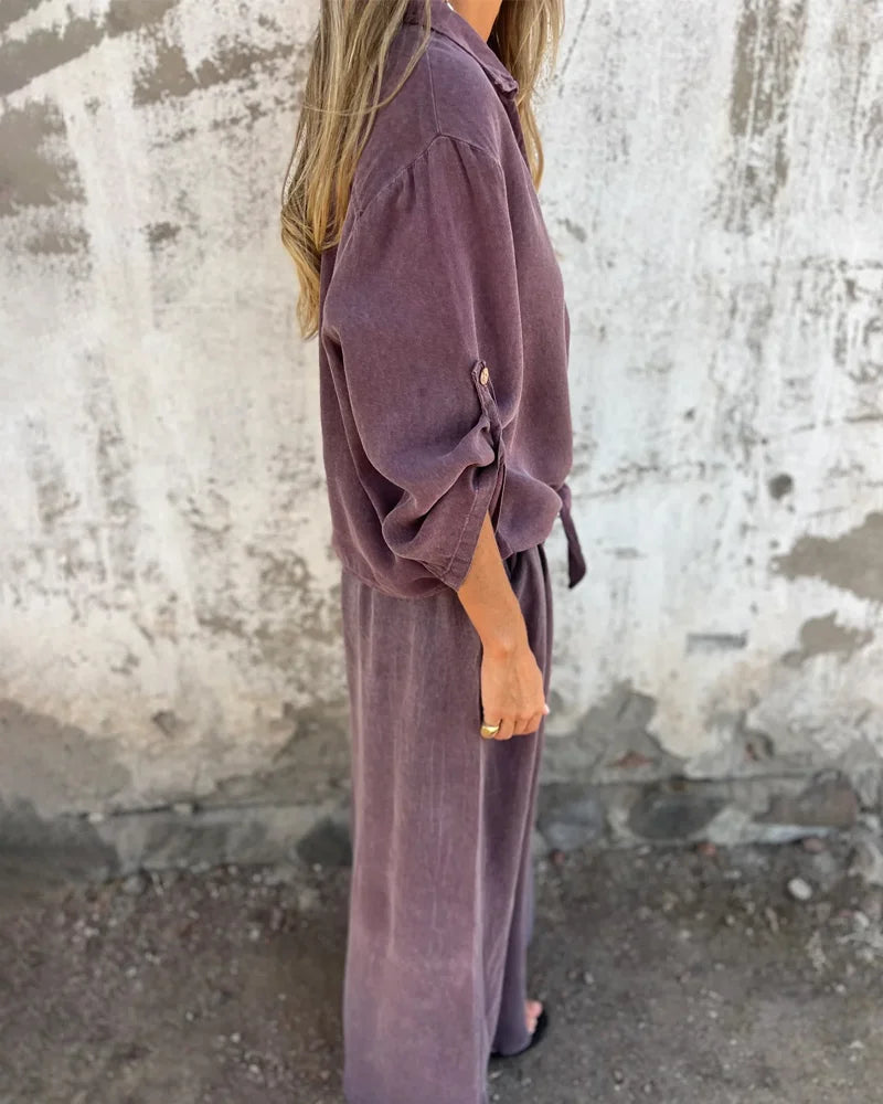Auroreline | Ensemble Deux-Pièces Décontracté Femme avec Blouse Boutonnée et Pantalon Large