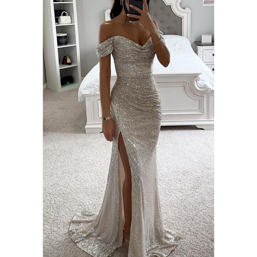 Alixane | Robe Longue Femme Fendue Épaules Dénudées Brillante Élégante Soirée