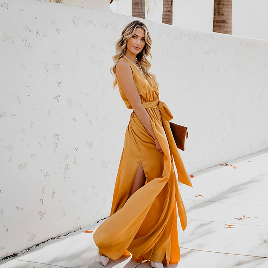 Nymphe | Robe Longue Fendue Femme Élégante – Sans Manches, Col V et Ceinture à Nouer