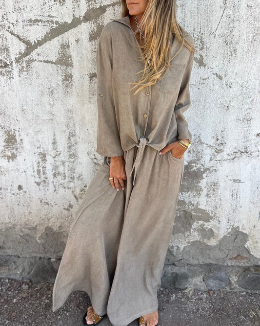 Auroreline | Ensemble Deux-Pièces Décontracté Femme avec Blouse Boutonnée et Pantalon Large