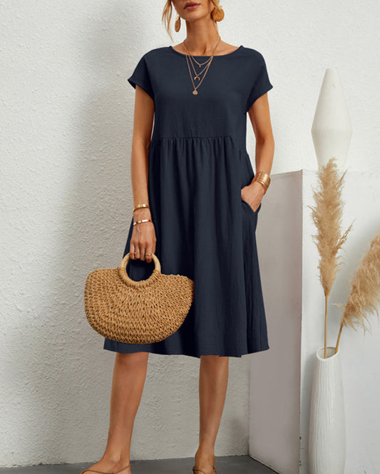 Raphaëlle | Robe Midi Femme Confortable Col Rond Poches Latérales Couleur Unie