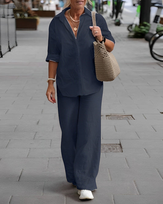 Alisette | Ensemble Femme Lin Été Blouse Manches Longues + Pantalon Taille Élastique