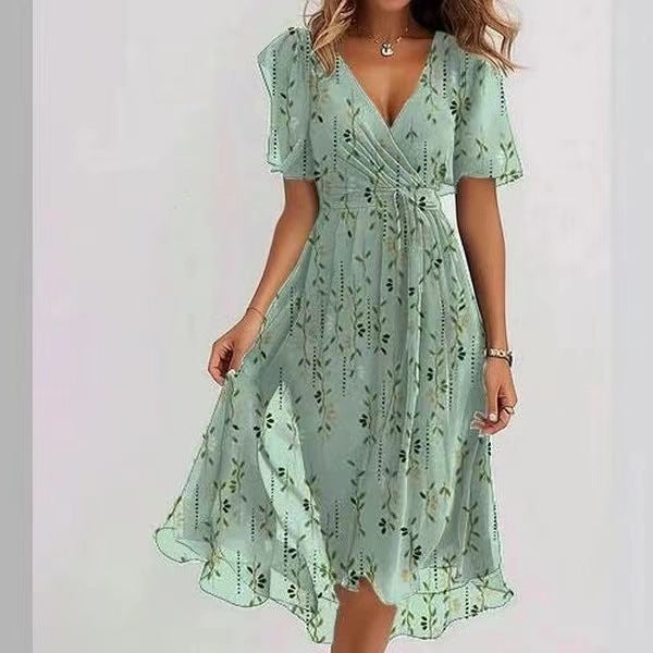 Eméline | Robe Midi Fleurie Femme en Chiffon, Col V Plongeant et Taille Cintrée