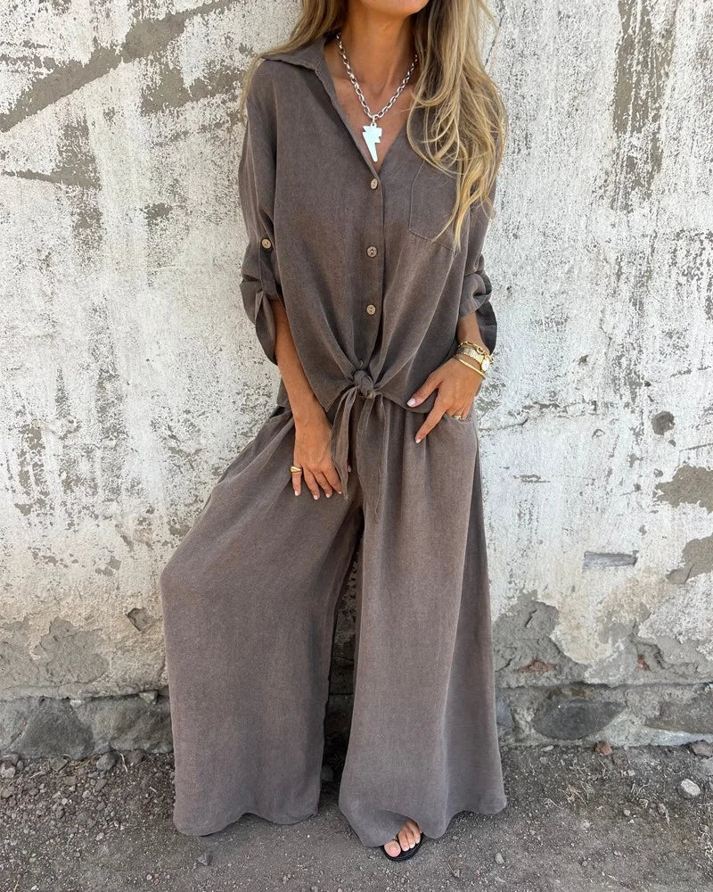 Auroreline | Ensemble Deux-Pièces Décontracté Femme avec Blouse Boutonnée et Pantalon Large