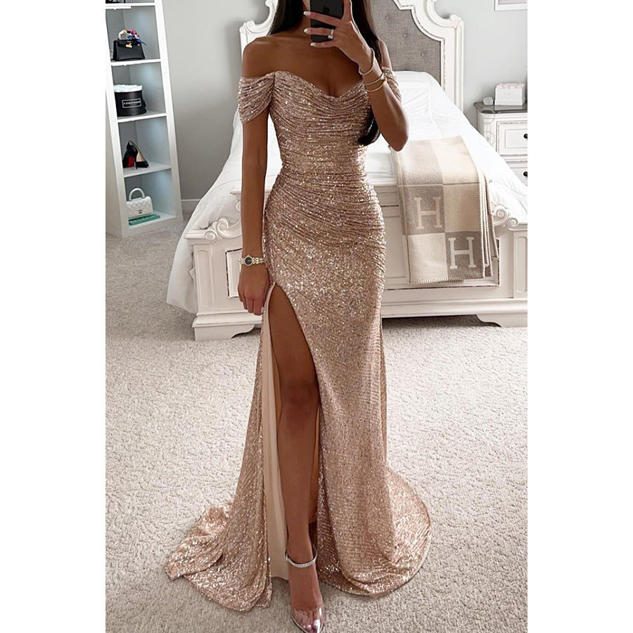 Alixane | Robe Longue Femme Fendue Épaules Dénudées Brillante Élégante Soirée