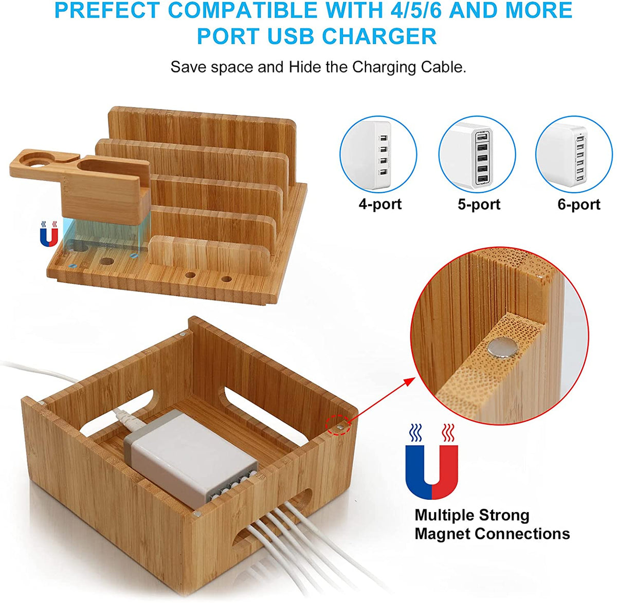 Tekavo™ | Bambus-Ladestation mit 5-Port-USB-Ladegerät und Kabelmanagement