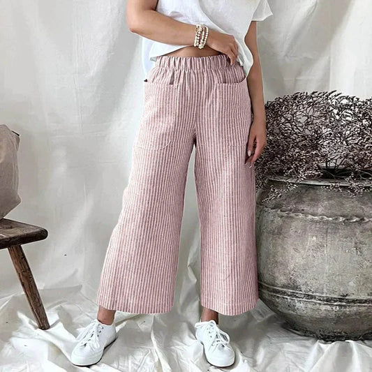 Andrée | Pantalon Large Rayé à Taille Élastique Femme – Coupe Relax avec Poches, Confortable et Léger en Mélange de Coton