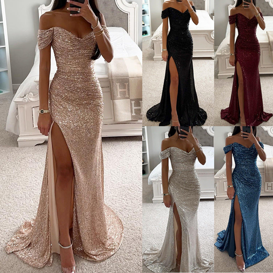 Alixane | Robe Longue Femme Fendue Épaules Dénudées Brillante Élégante Soirée