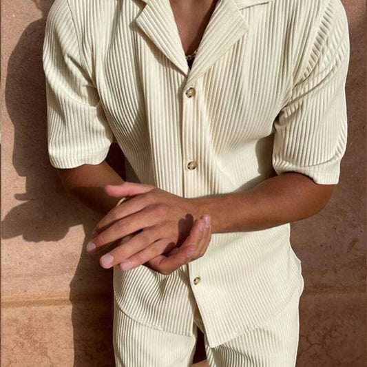 Merten | Ensemble Été Homme Tissu Côtelé Chemise Col Revers Manches Courtes + Short