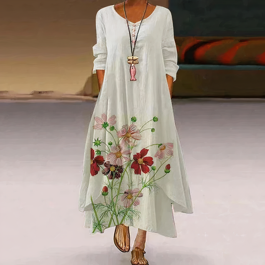 Saphirine | Robe Longue en Coton à Manches Longues – Imprimé Floral Élégant – Style Estival et Respirant
