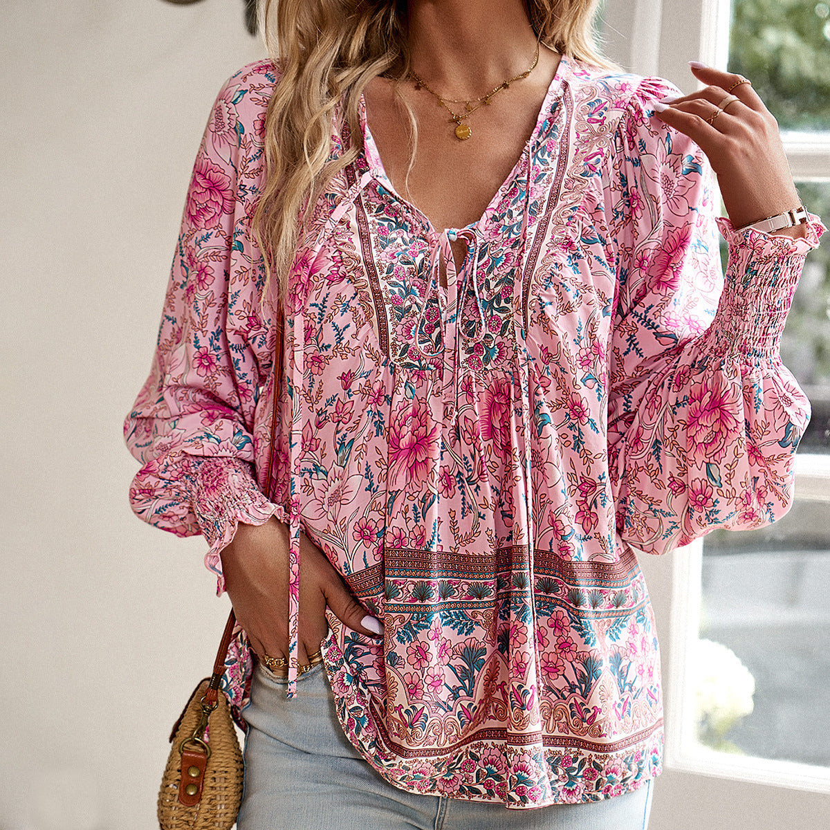 Églantine | Blouse Bohème Femme à Imprimé Floral Manches Longues Bouffantes et Coupe Ample