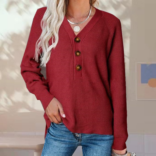 Euphrasie | Pull Femme Décontracté à Col V Boutonné en Maille Unie