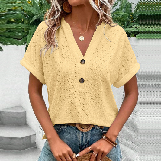 Ondine | Blouse Femme Été Décontractée – Manches Courtes, Col V, Tissu Texturé