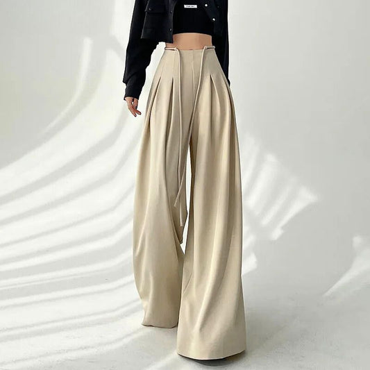 Wenda | Pantalons à Taille Haute Ajustable et Jambes Larges Plissées pour Femme