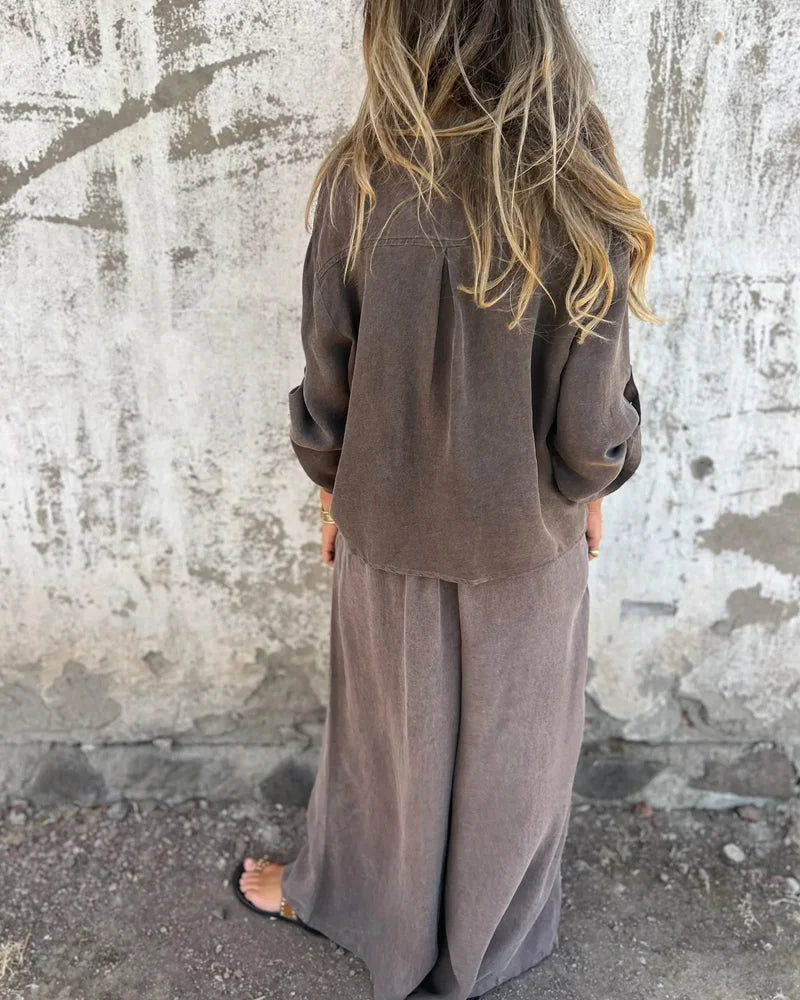 Auroreline | Ensemble Deux-Pièces Décontracté Femme avec Blouse Boutonnée et Pantalon Large