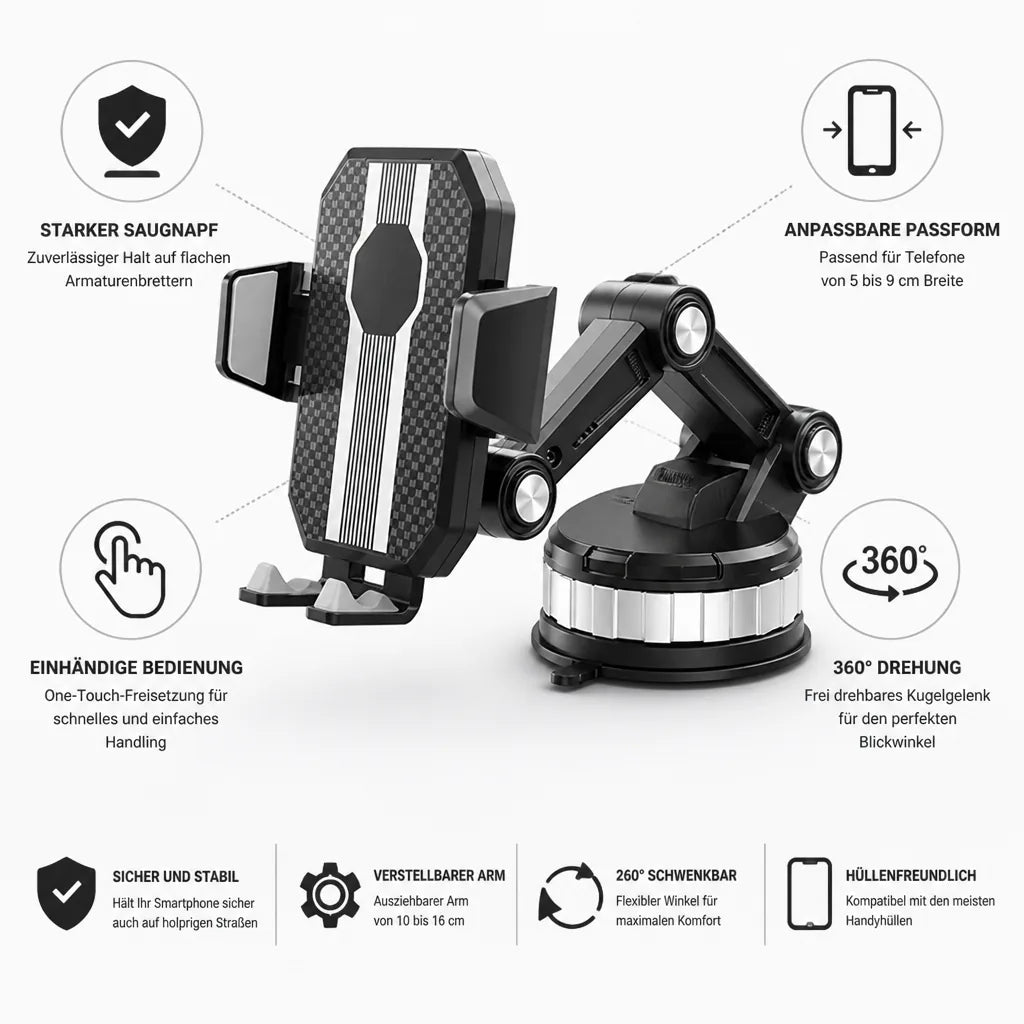 DriveGrip™ | Universal-Handyhalterung fürs Auto mit Saugnapf und 360°-Drehung
