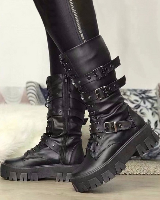 Célestisse | Bottes militaires femme blanches avec semelle robuste et boucles ajustables