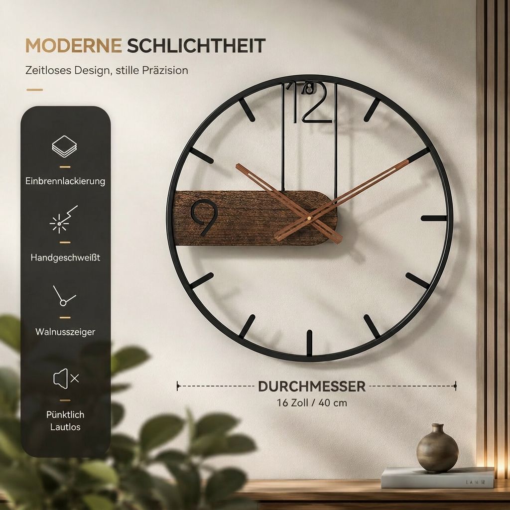 NussZeit™ | Moderne Wanduhr aus Edelstahl und Walnussholz – 40 cm