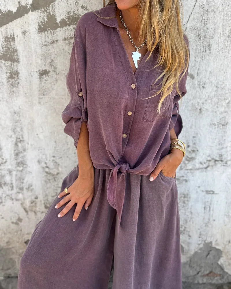 Auroreline | Ensemble Deux-Pièces Décontracté Femme avec Blouse Boutonnée et Pantalon Large