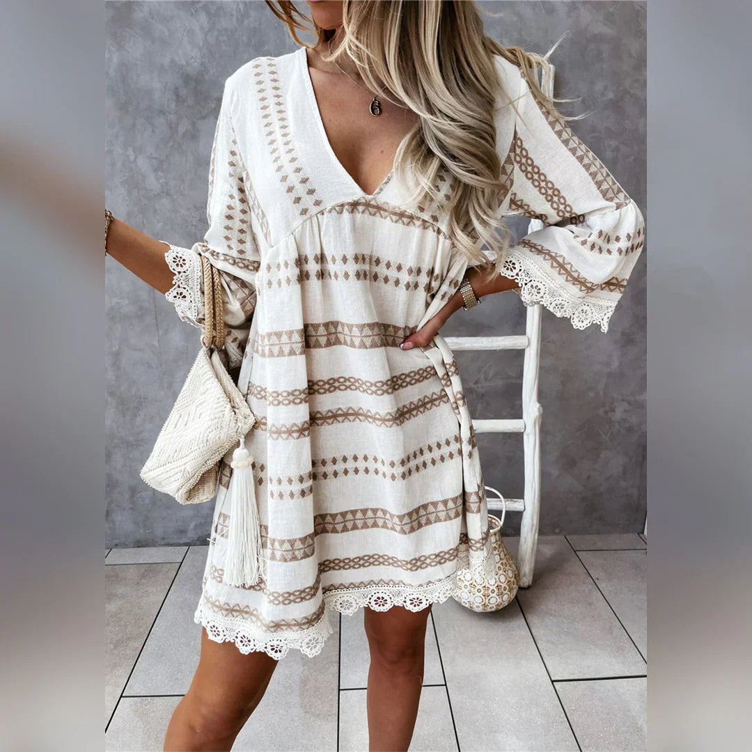 Robe D'été Femme Bohème - Manches 3/4, Motif Papillons - Longueur Midi - Pour Vacances, Plage, Soirée Décontractée