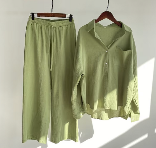 Célérise | Ensemble Femme Lin Chemisier à Col Revers & Pantalon Large Taille Élastique