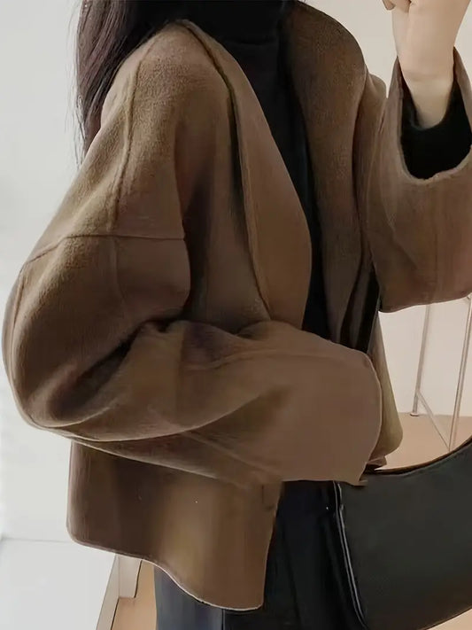 Eulalie | Blazer Femme Court en Laine Synthétique Couleur Café à Col Revers