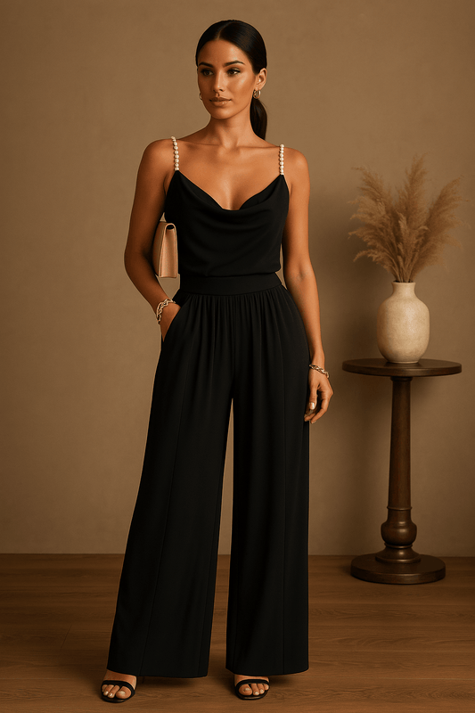 Yliana | Jumpsuit Femme Spaghetti Strap – Décolleté Profond et Pantalon Large Élégant pour Soirée et Mariage