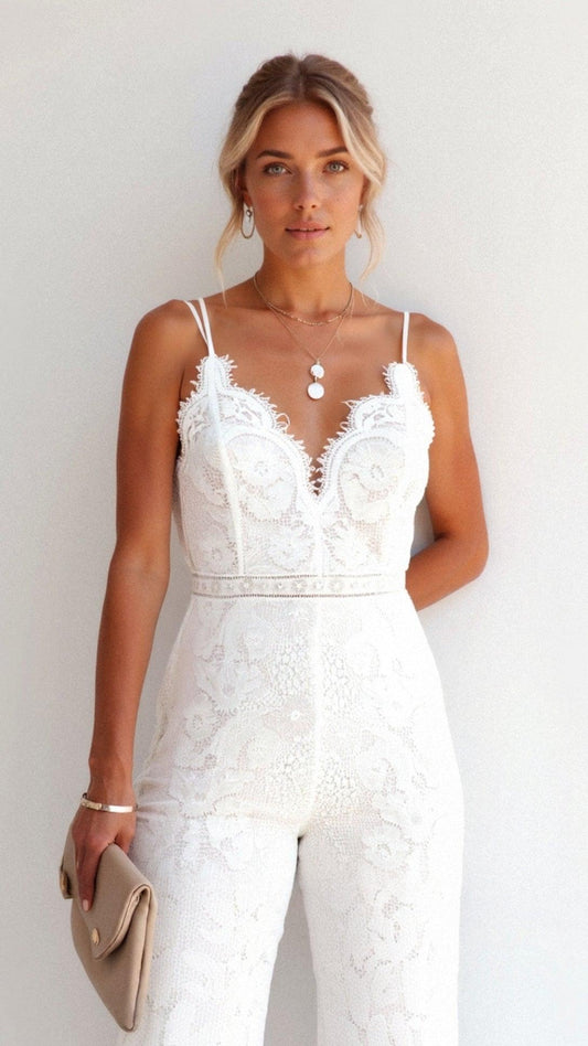 Zénaïs | Jumpsuit Femme Spaghetti Strap – Décolleté V Profond et Pantalon Évasé avec Dentelle Élégante