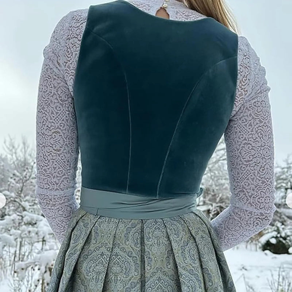 Zia | Robe Dirndl Vintage Femme à Col Carré, Broderie Élégante & Taille Ceinturée, Longueur Midi