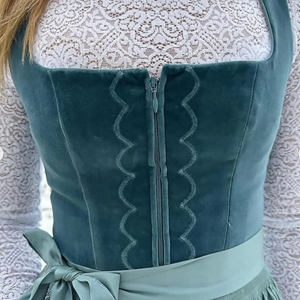Zia | Robe Dirndl Vintage Femme à Col Carré, Broderie Élégante & Taille Ceinturée, Longueur Midi