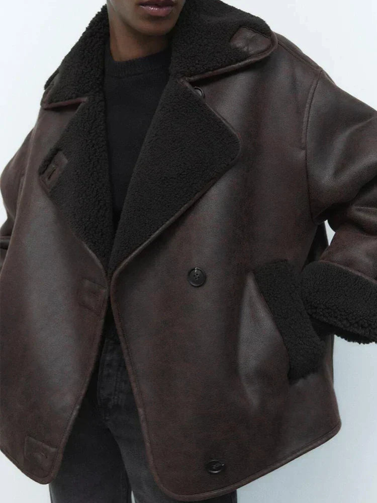 Solène | Veste Oversize Femme Vintage Chic à Grand Col Revers, Doublée Polaire
