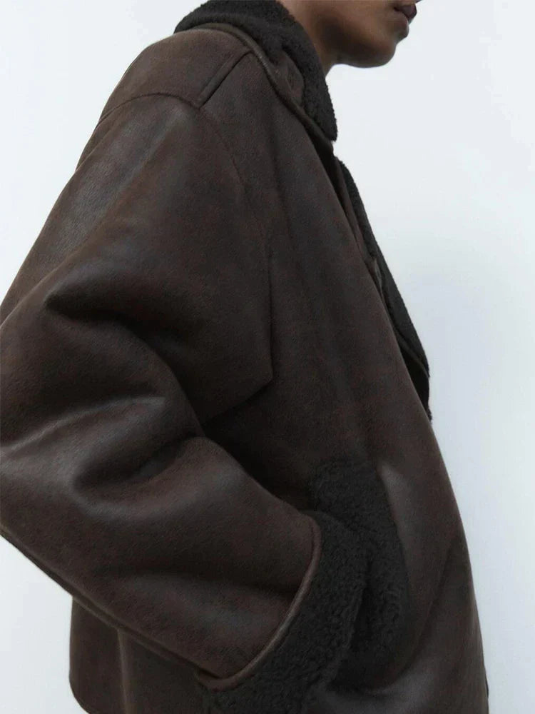 Solène | Veste Oversize Femme Vintage Chic à Grand Col Revers, Doublée Polaire
