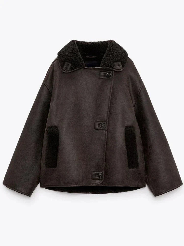 Solène | Veste Oversize Femme Vintage Chic à Grand Col Revers, Doublée Polaire