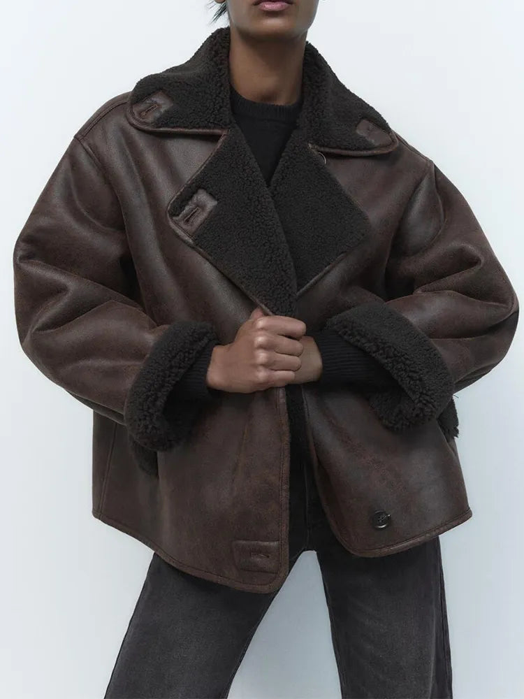 Solène | Veste Oversize Femme Vintage Chic à Grand Col Revers, Doublée Polaire