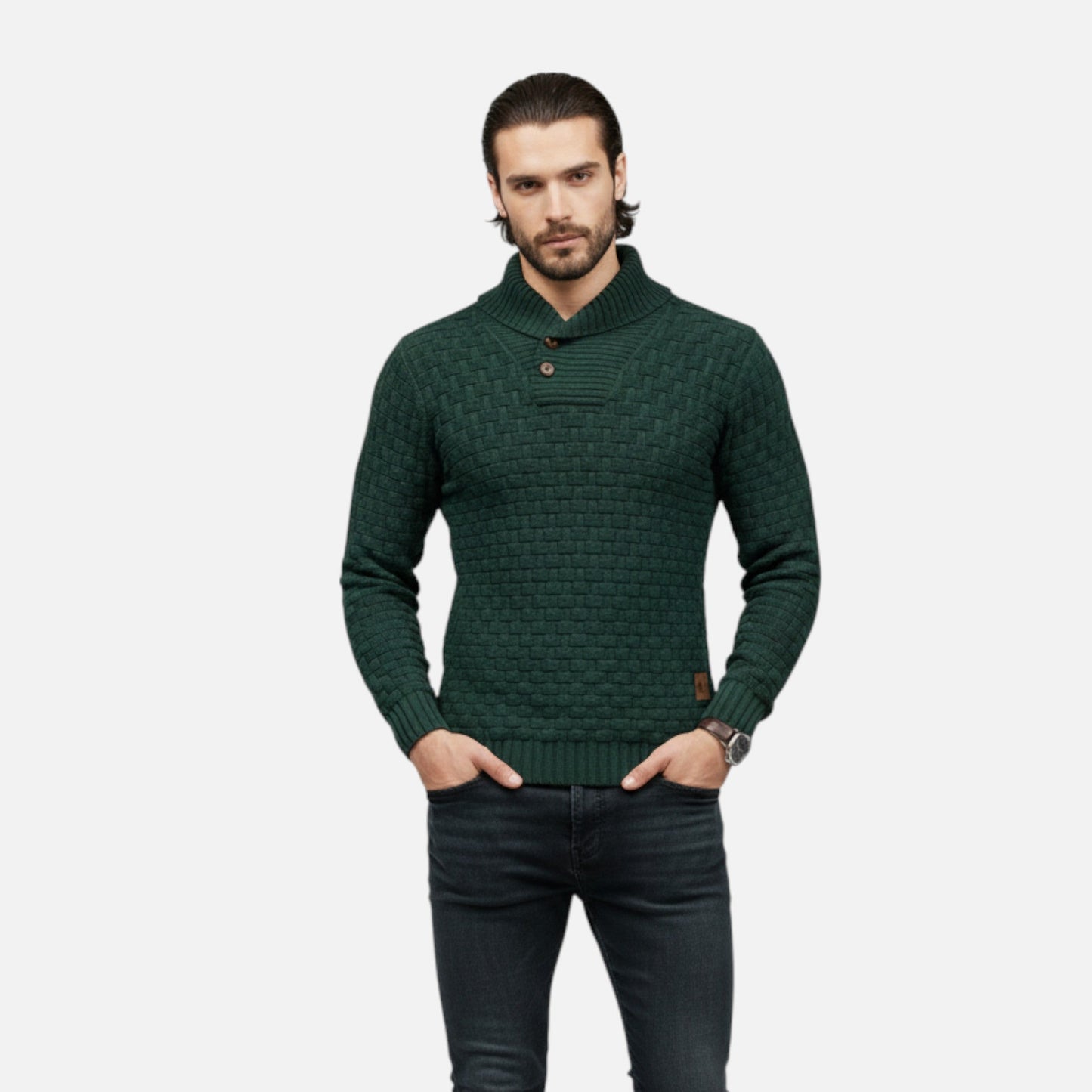 August | Pull Homme Hiver à Col Boutonné et Maille Texturée