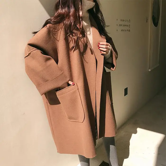 Liviane | Manteau Femme Oversize en Laine Mélangée, Long Ouvert avec Poches et Coupe Décontractée