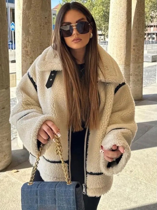 Waverly | Veste Femme Teddy Oversize avec Fermeture Zippée et Col Revers