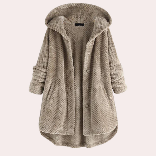 Apolline | Cardigan long à capuche en maille texturée, boutons élégants