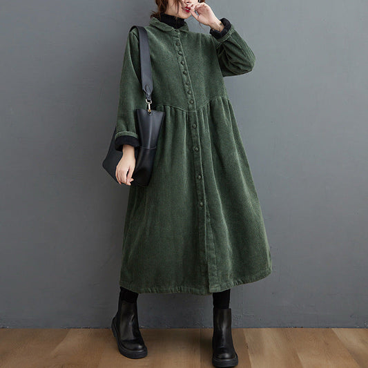 Isabeau – Manteau Femme Long en Velours Côtelé, Coupe A-Ligne Ample, Col Montant, Fermeture Boutonnée Midi