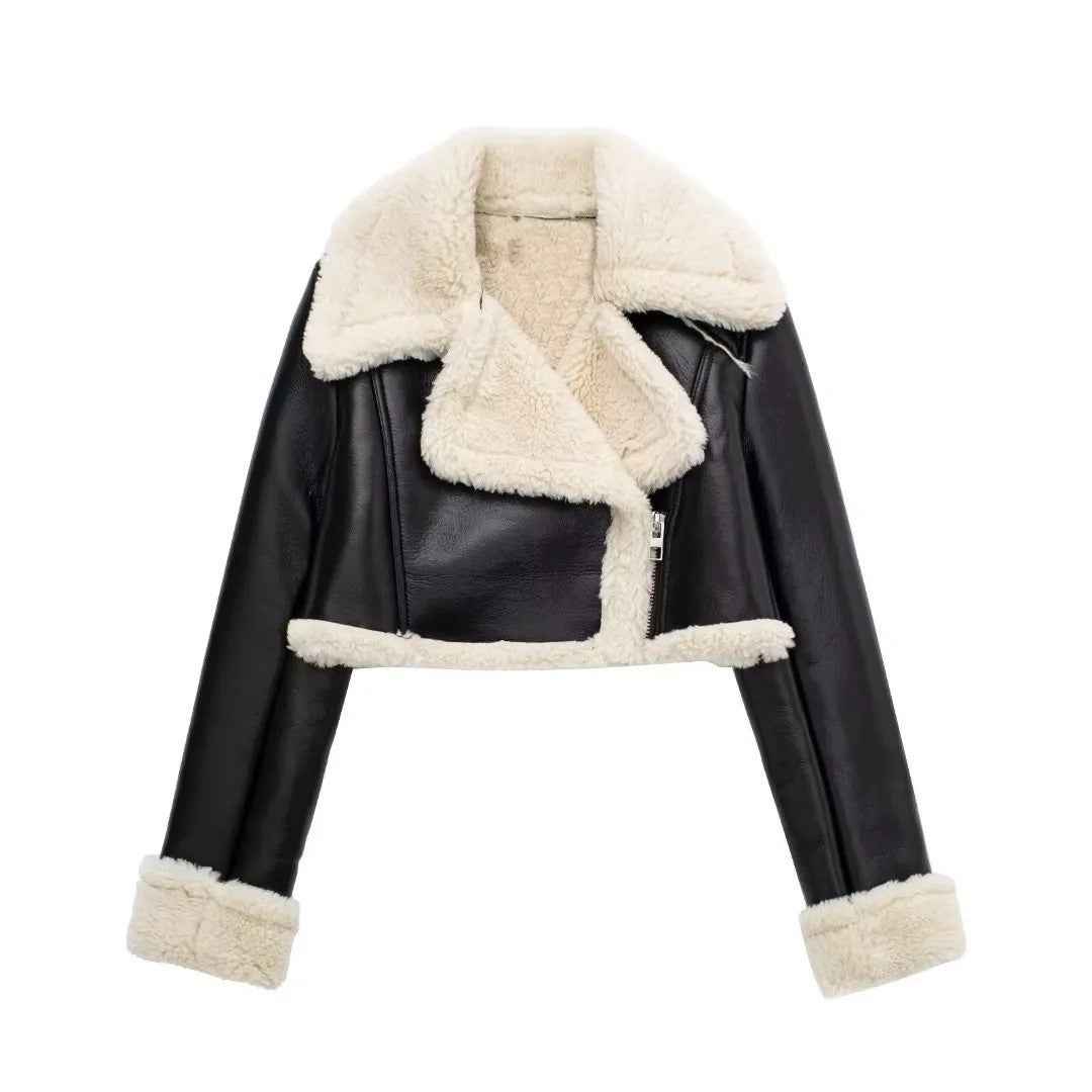 Charlène | Veste Courte Femme Effet Cuir Doublure Teddy Chaude