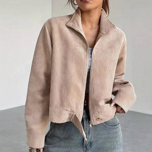 Félicie | Veste Femme Velours Côtelé, Coupe Décontractée, Courte, Col Large, Fermeture Zippée