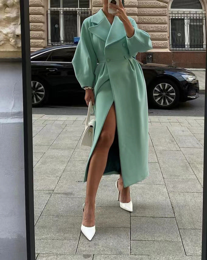 Élérine | Manteau long élégant femme à double boutonnage et col à revers