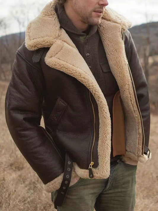 Cédric | Veste Aviator Homme Style Cuir avec Col et Poignets Shearling, Boucles Réglables et Fermeture Éclair