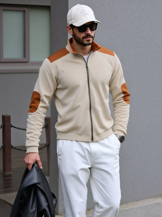 Hildric | Cardigan Zippé Homme en Maille, Coupe Regular, Patches Épaules & Coudes