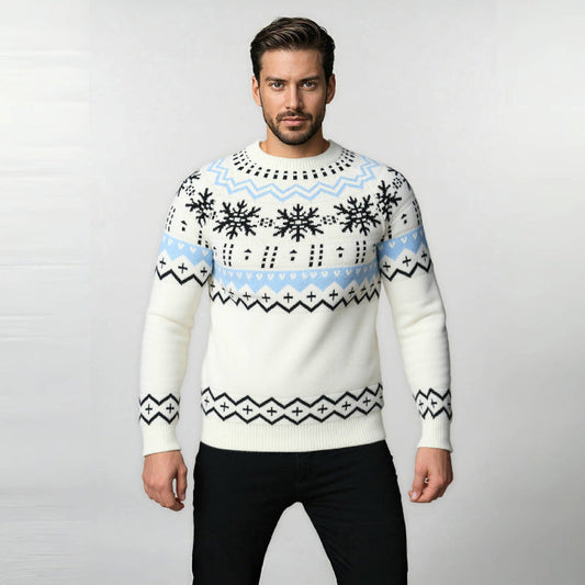Pull Homme Tricoté à Col Rond avec Motifs Géométriques Hivernaux