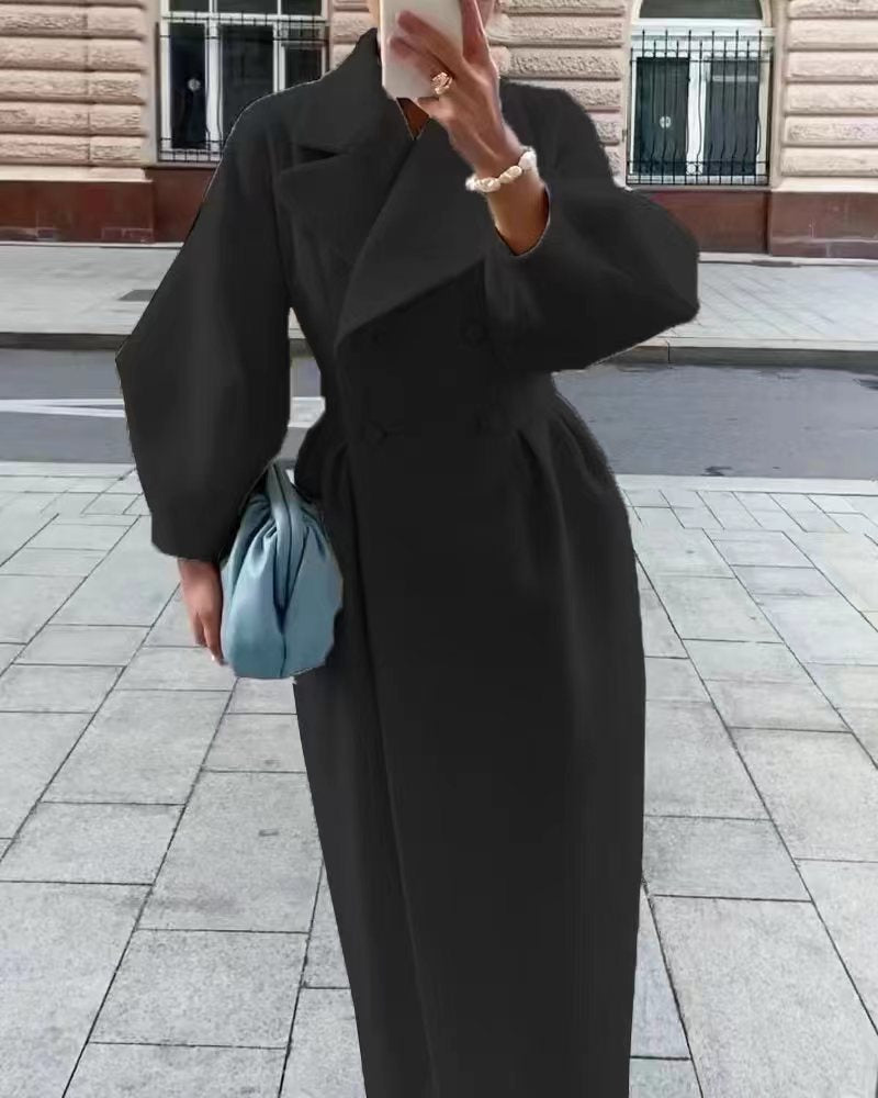Élérine | Manteau long élégant femme à double boutonnage et col à revers